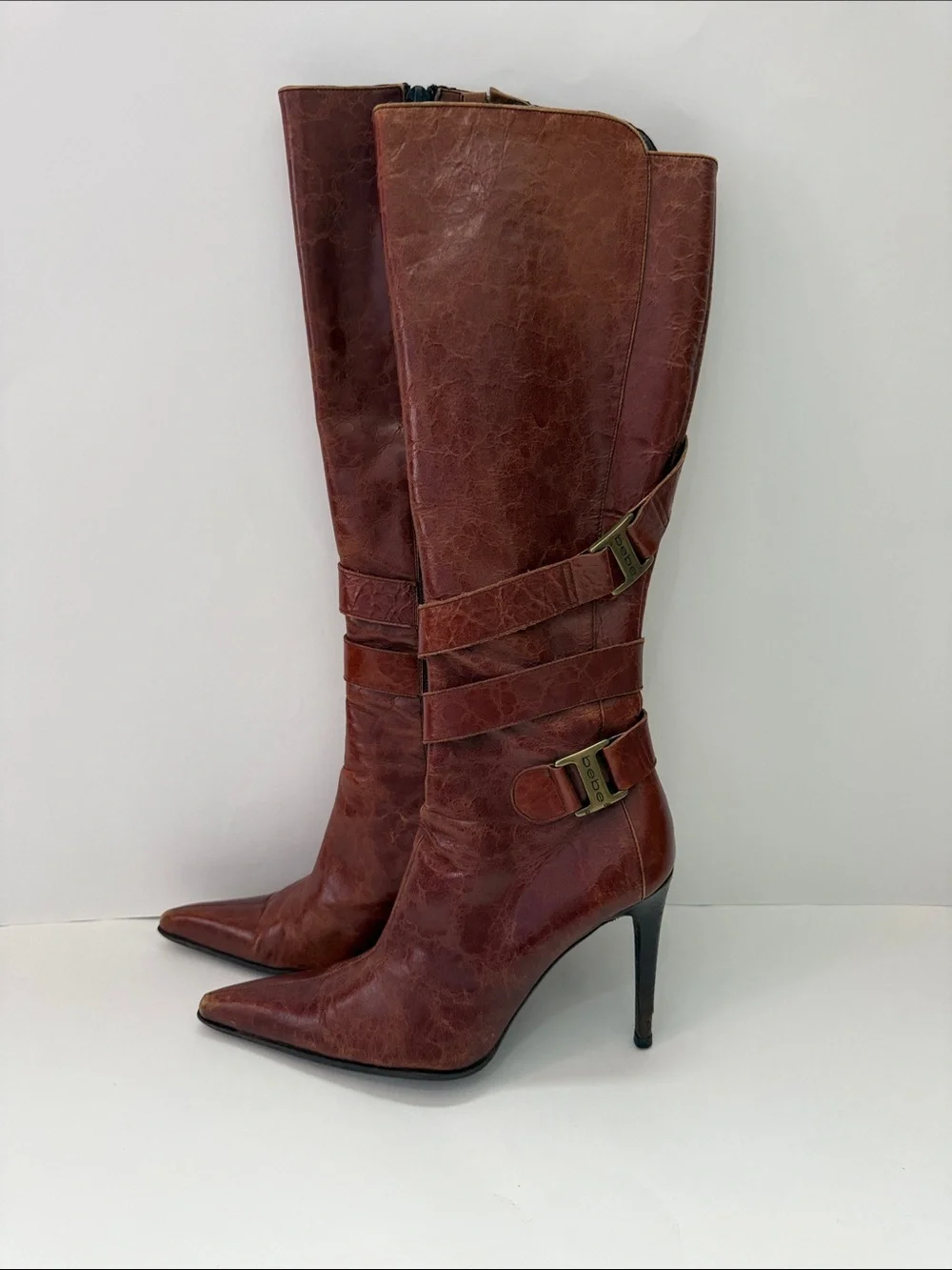 bebe leather Chestnut Brown Pointed Toe Over-the-Knee Stiletto Boots